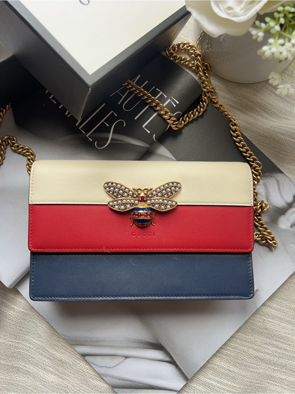 Gucci Tri-Panel Leather Crossbody Bag — Cream, Red, Navy